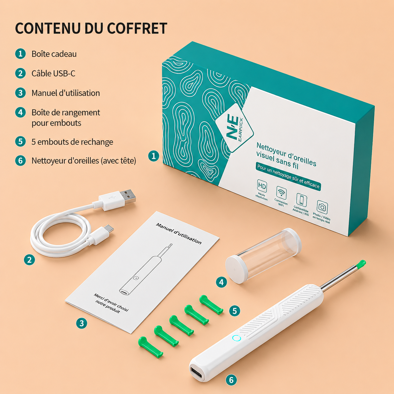 Kit complet nettoyeur d'Oreilles Visuel HD Sans Fil